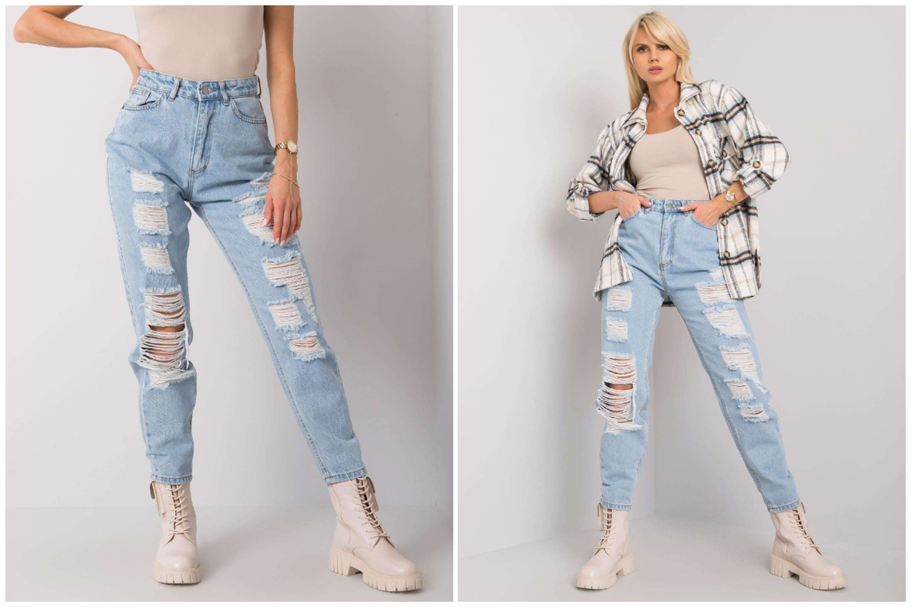 Jeansy damskie w hurcie - mom jeans z dziurami i wysokim stanem