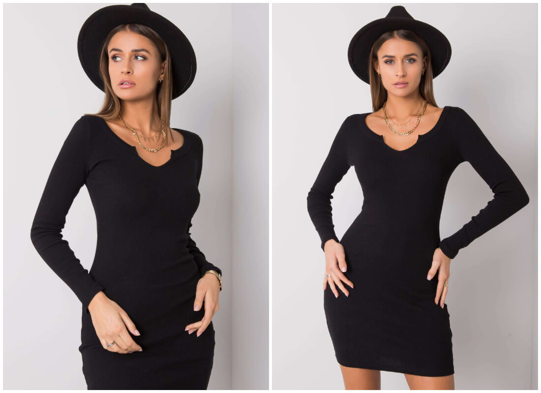 Modne sukienki basic na jesień w hurcie Sukienki basic na jesień w hurcie - czarna dopasowana tuba